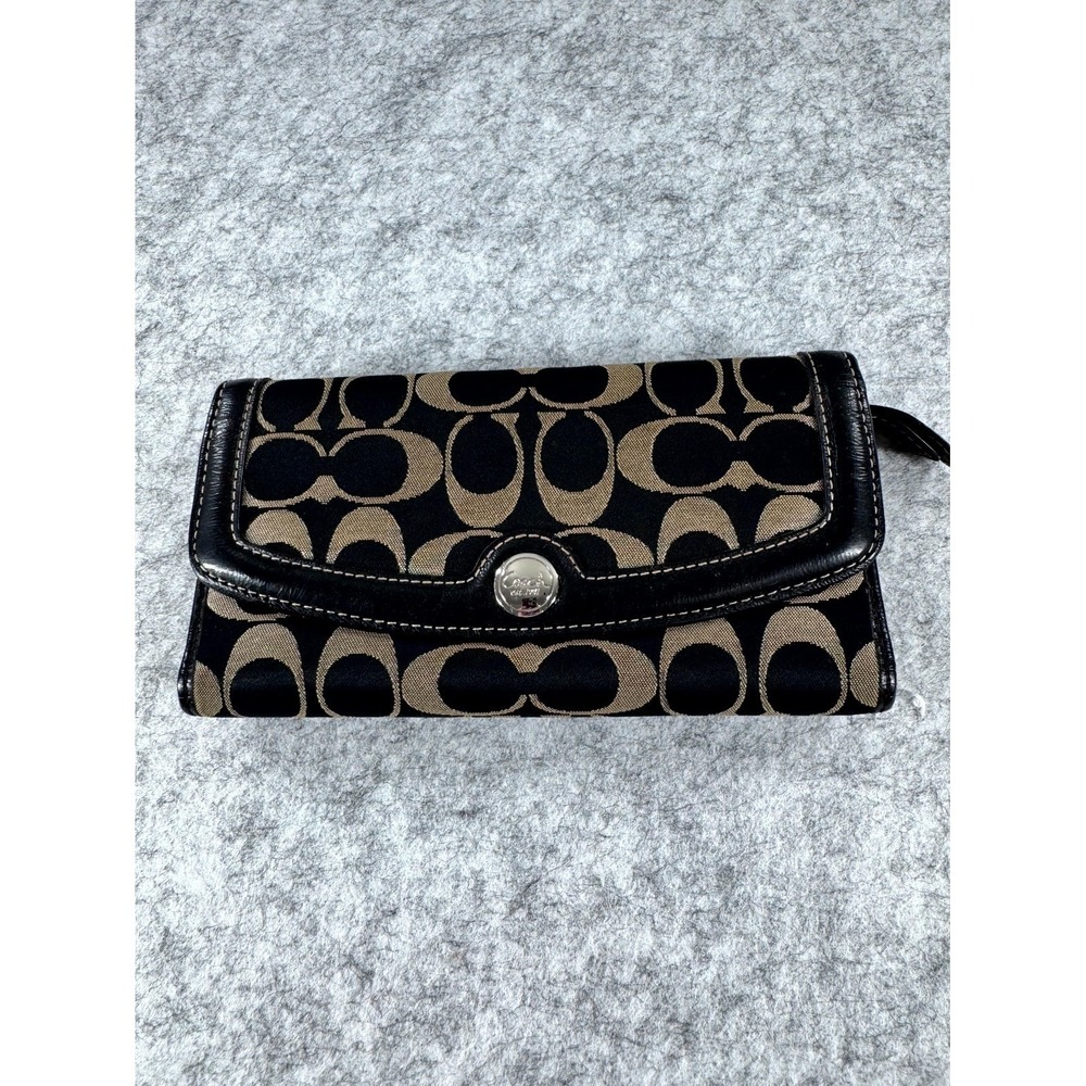 Coach‎ Signature Jacquard Trifold Wallet Women's Black Khaki Canvas Clutch Bag